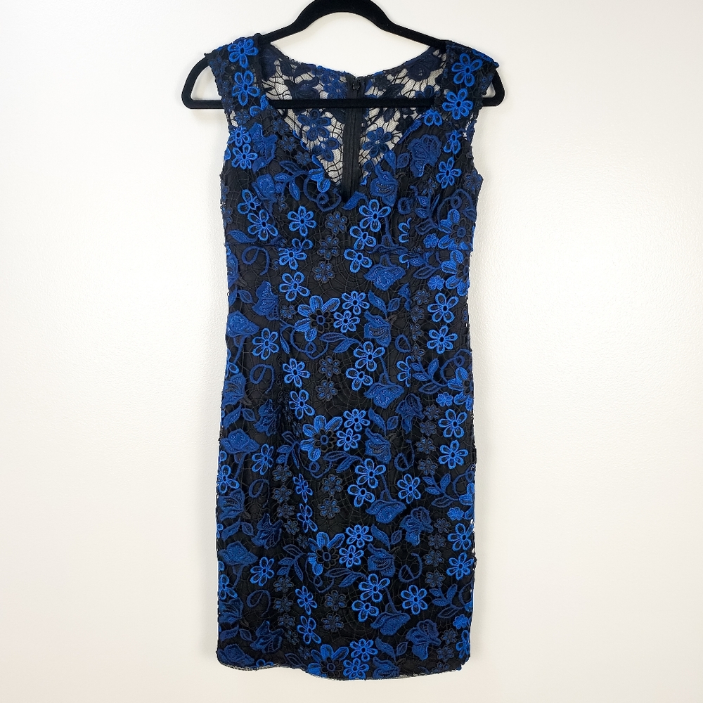Aidan Mattox Black Blue Floral Embroidered Lace Sleeveless Sheath Cocktail Dress